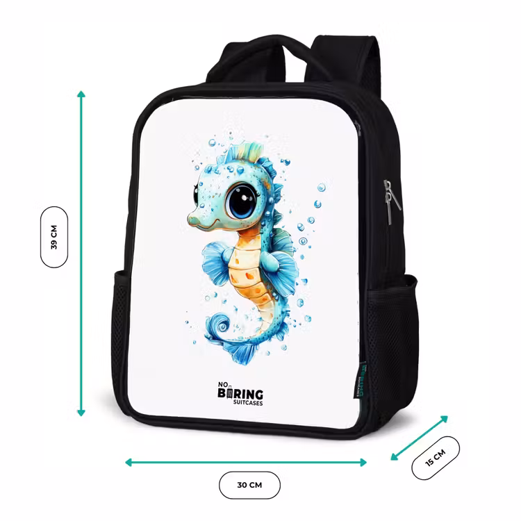 Sac à dos enfant - Noir - Hippocampe bleu avec de grands yeux et des bulles — 8