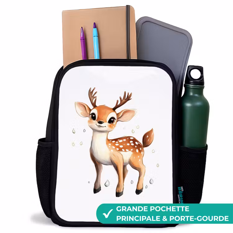 Sac à dos enfant - Noir - Jeune cerf avec des bois et des points blancs — 10