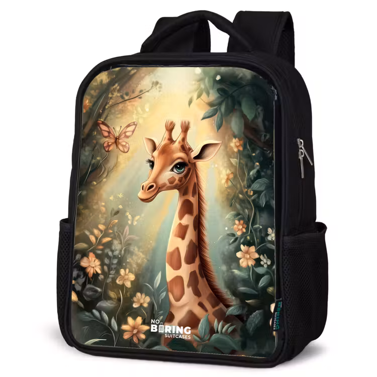 Sac à dos enfant - Noir - Jeune girafe parmi les fleurs dans une forêt ensoleillée — 6