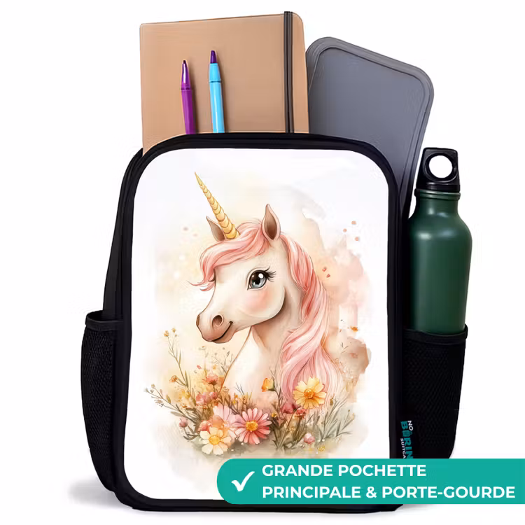 Sac à dos enfant - Noir - Licorne à la crinière rose parmi des fleurs pastel — 10
