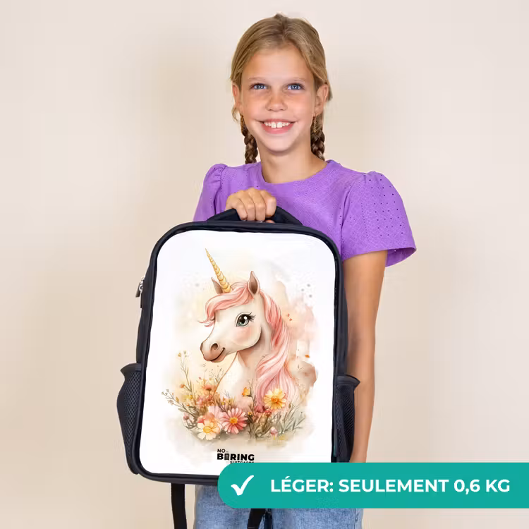 Sac à dos enfant - Noir - Licorne à la crinière rose parmi des fleurs pastel — 9