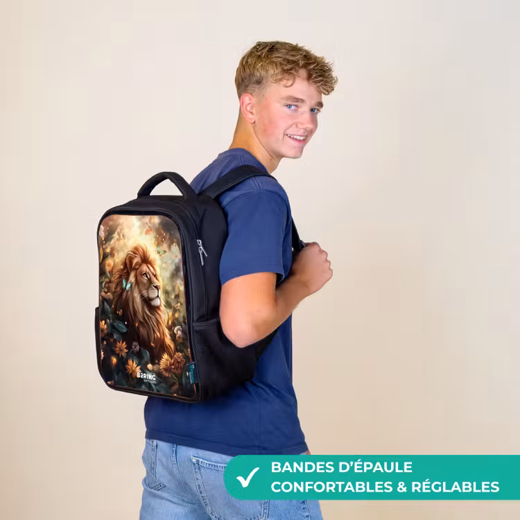 Sac à dos enfant - Noir - Lion avec papillons dans une jungle fleurie — 11