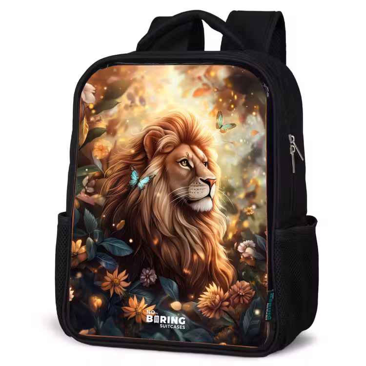 Sac à dos enfant - Noir - Lion avec papillons dans une jungle fleurie — 6
