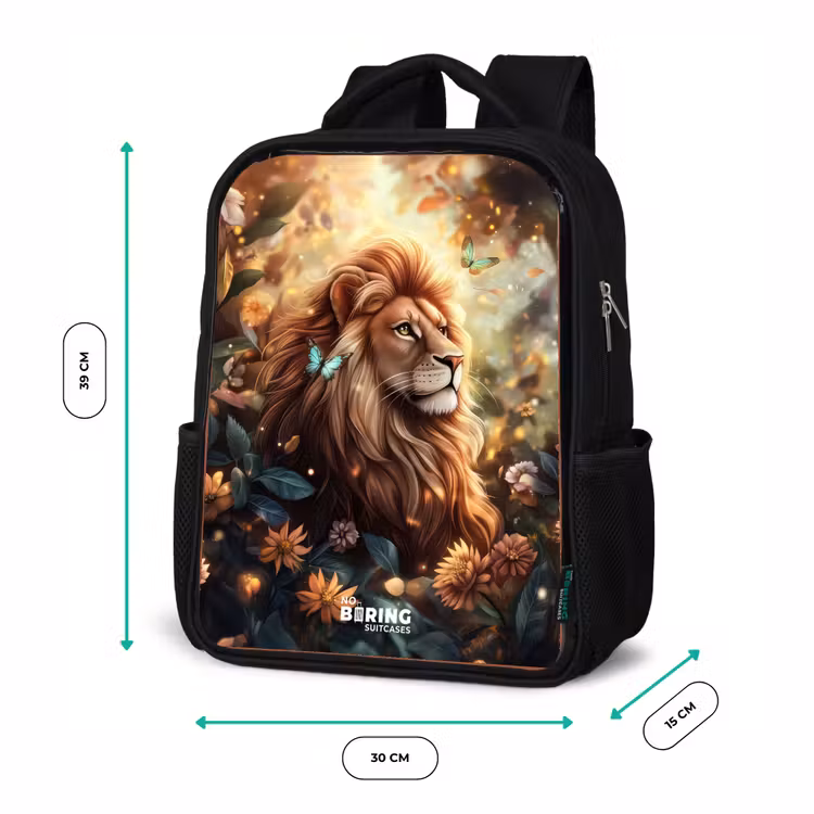 Sac à dos enfant - Noir - Lion avec papillons dans une jungle fleurie — 8