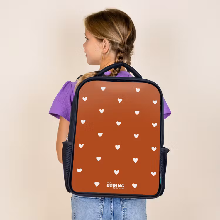 Sac à dos enfant - Noir - Motif de cœur blanc sur fond orange-brun — 4