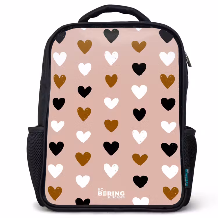 Sac à dos enfant - Noir - Motif de cœur noir, blanc et marron sur fond de rose ancienne — 1