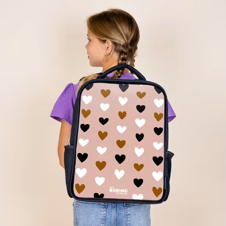 Sac à dos enfant - Noir - Motif de cœur noir, blanc et marron sur fond de rose ancienne — 4