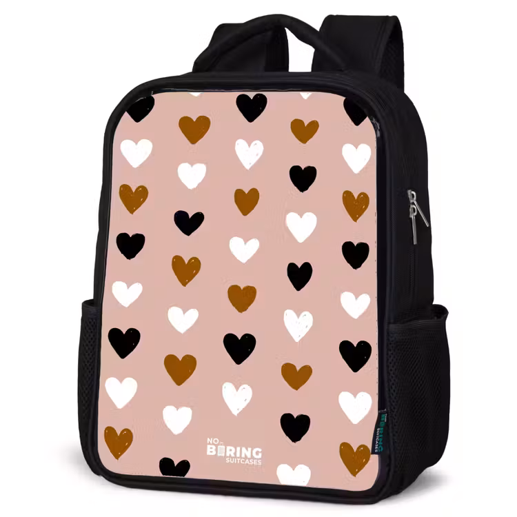 Sac à dos enfant - Noir - Motif de cœur noir, blanc et marron sur fond de rose ancienne — 6