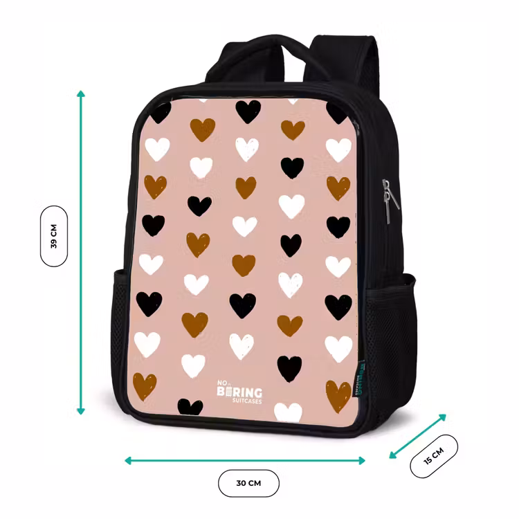 Sac à dos enfant - Noir - Motif de cœur noir, blanc et marron sur fond de rose ancienne — 8
