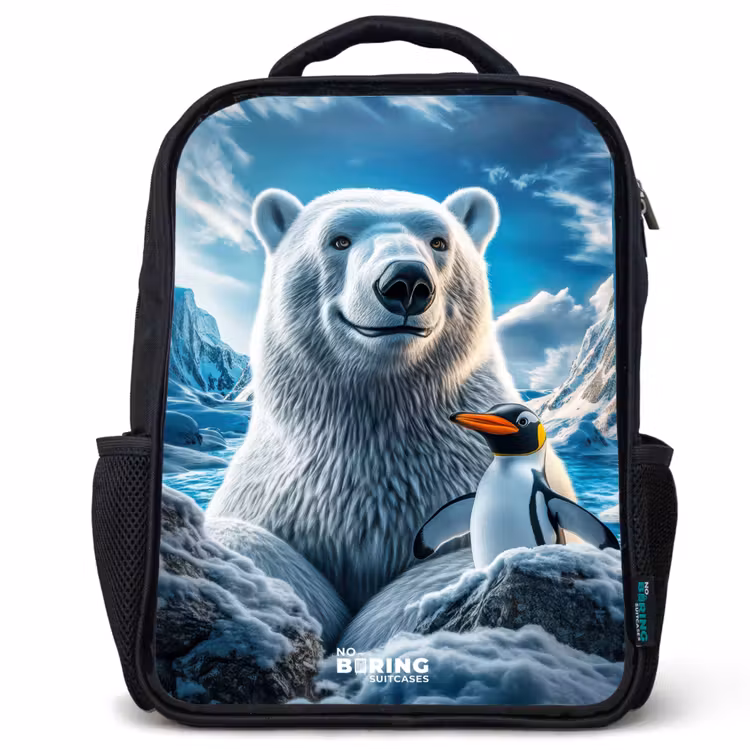 Sac à dos enfant - Noir - Ours polaire et pingouin dans un paysage de montagne enneigée — 1