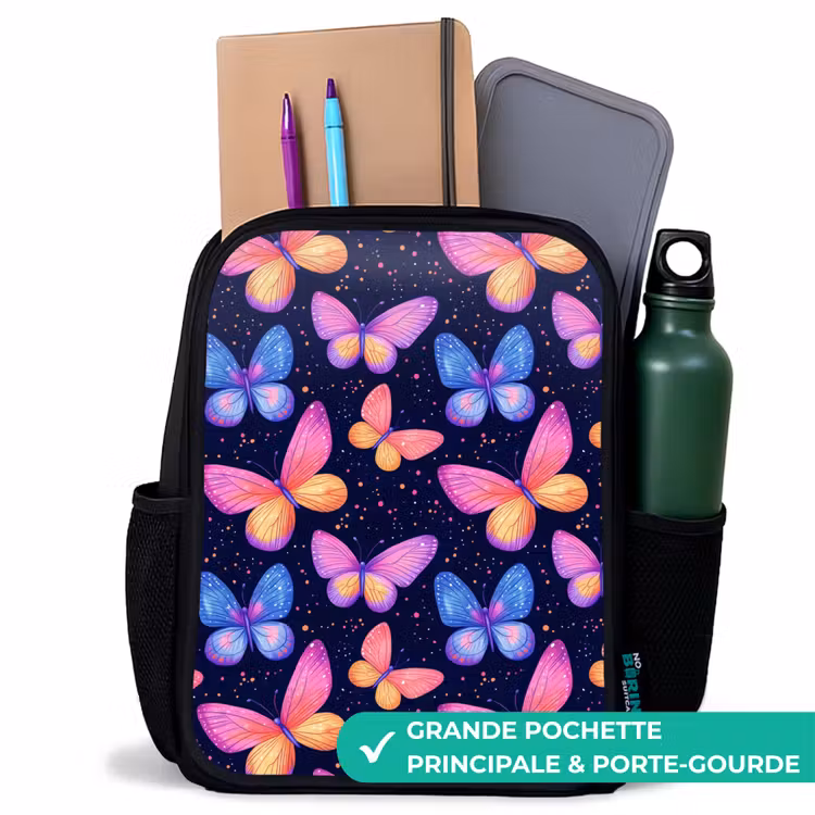 Sac à dos enfant - Noir - Papillons colorés en rose et bleu — 10