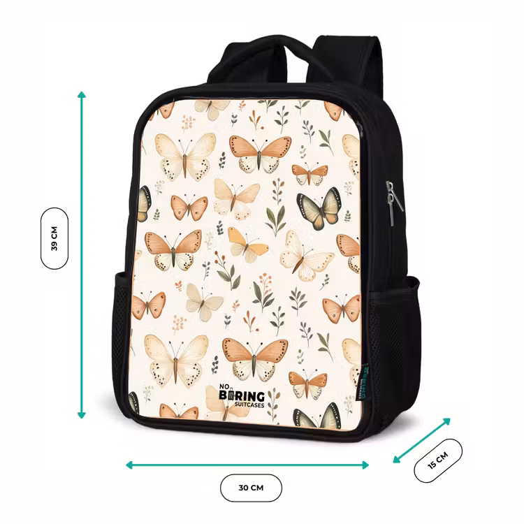 Sac à dos enfant - Noir - Papillons dans les tons beige et orange parmi les feuilles vertes — 8