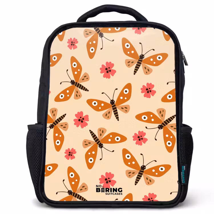 Sac à dos enfant - Noir - Papillons orange et fleurs roses sur fond beige — 1