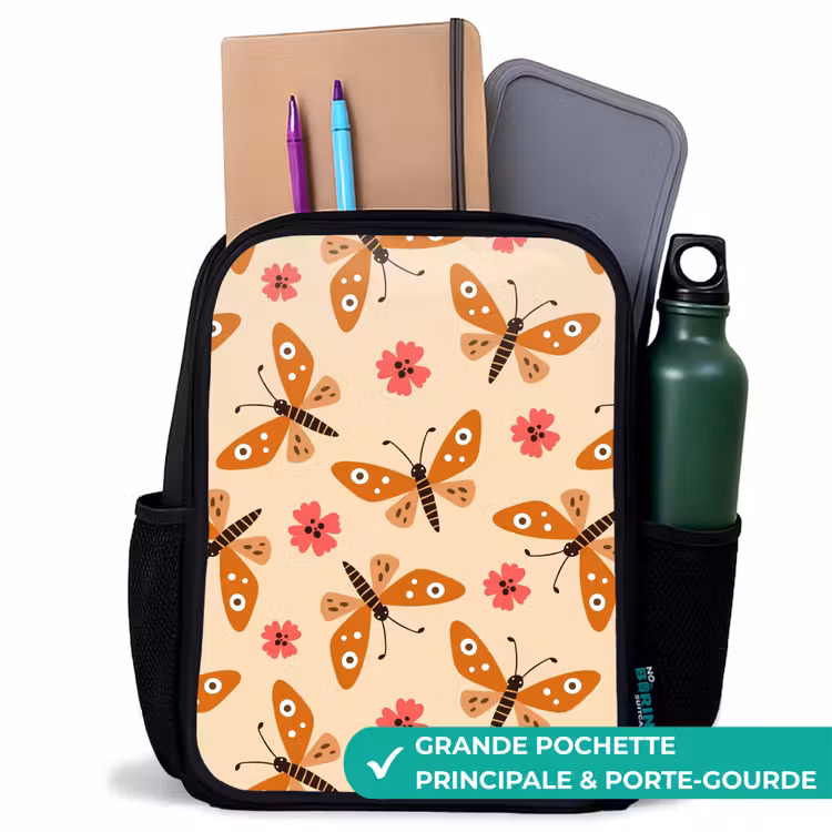 Sac à dos enfant - Noir - Papillons orange et fleurs roses sur fond beige — 10