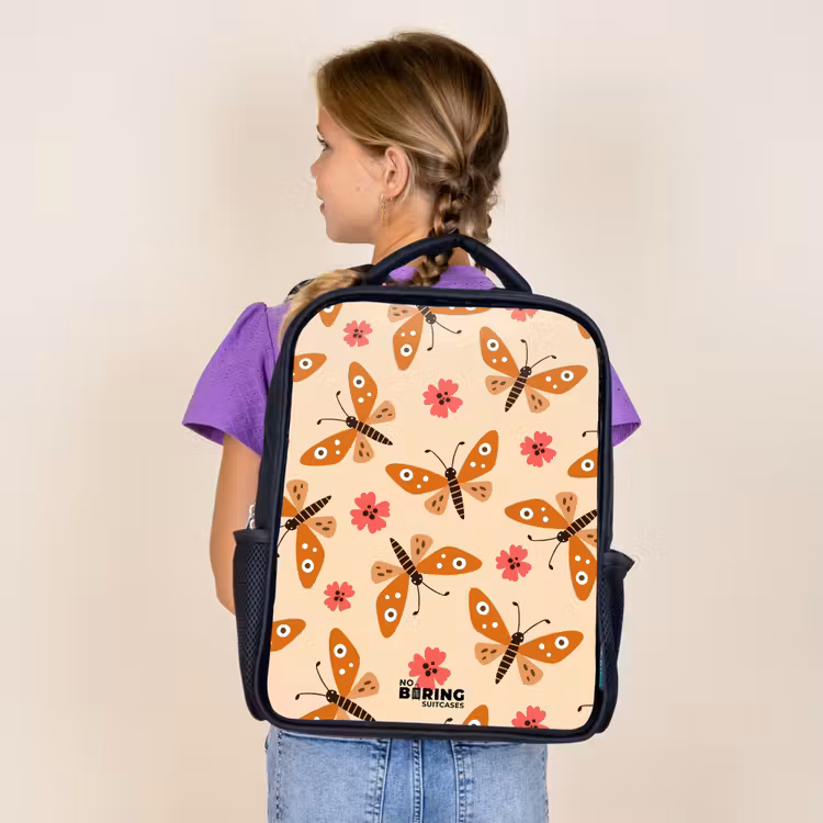 Sac à dos enfant - Noir - Papillons orange et fleurs roses sur fond beige — 4