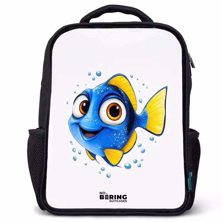 Sac à dos enfant - Noir - Poisson bleu avec nageoires jaunes et regard joyeux — 1