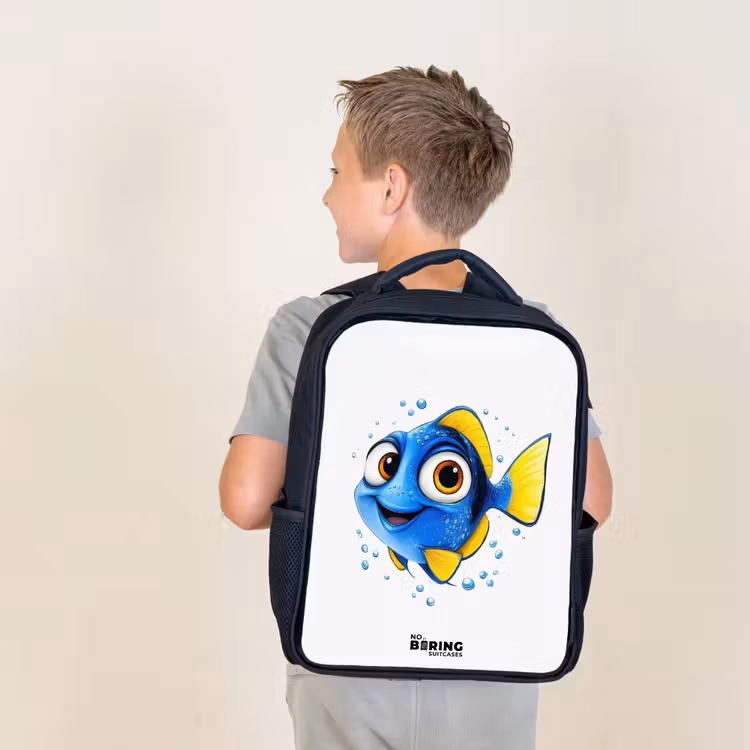 Sac à dos enfant - Noir - Poisson bleu avec nageoires jaunes et regard joyeux — 2