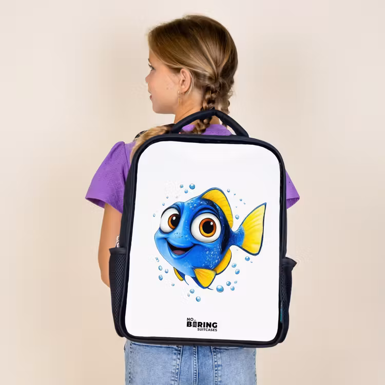 Sac à dos enfant - Noir - Poisson bleu avec nageoires jaunes et regard joyeux — 4