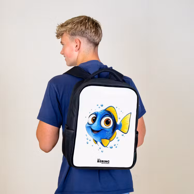 Sac à dos enfant - Noir - Poisson bleu avec nageoires jaunes et regard joyeux — 5