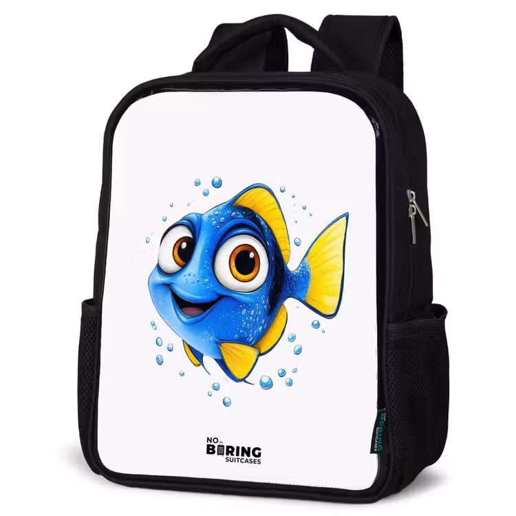 Sac à dos enfant - Noir - Poisson bleu avec nageoires jaunes et regard joyeux — 6