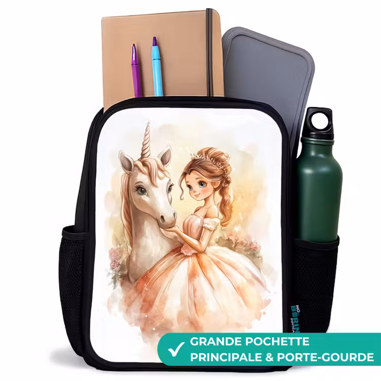Sac à dos enfant - Noir - Princesse en robe avec licorne blanche — 10