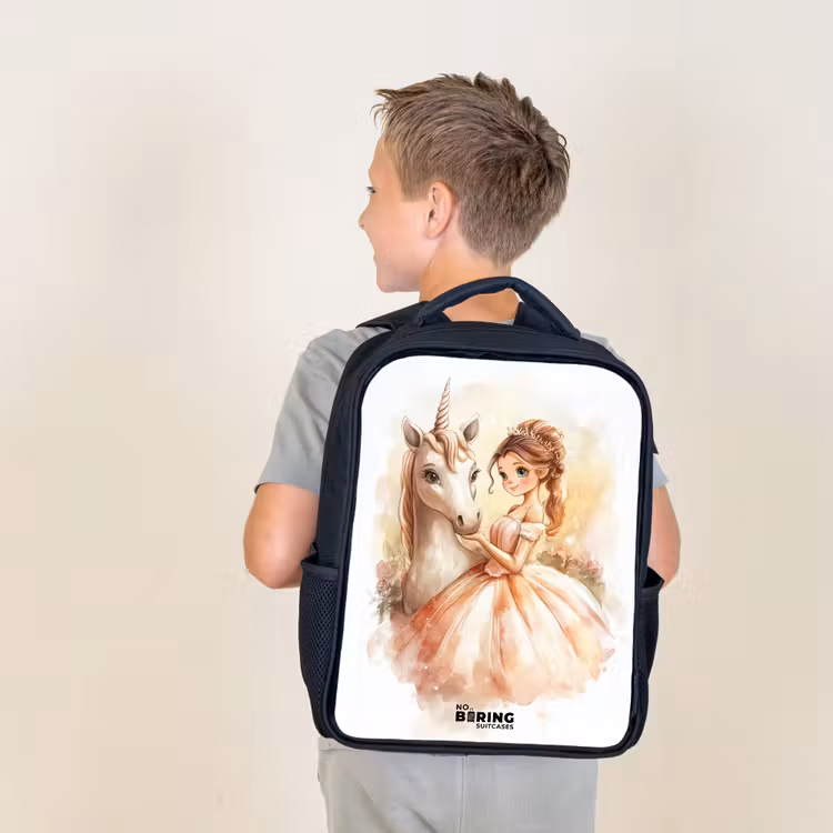 Sac à dos enfant - Noir - Princesse en robe avec licorne blanche — 2