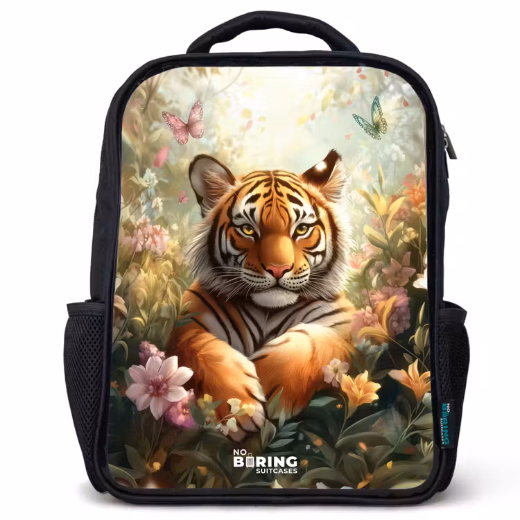 Sac à dos enfant - Noir - Tigre dans un champ de fleurs avec papillons et soleil — 1