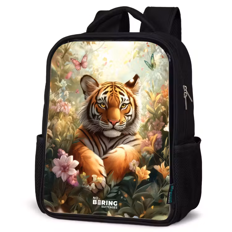 Sac à dos enfant - Noir - Tigre dans un champ de fleurs avec papillons et soleil — 6