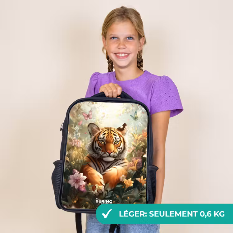 Sac à dos enfant - Noir - Tigre dans un champ de fleurs avec papillons et soleil — 9