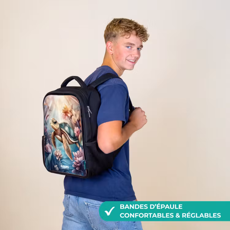 Sac à dos enfant - Noir - Tortue de mer parmi les fleurs sous-marines — 11
