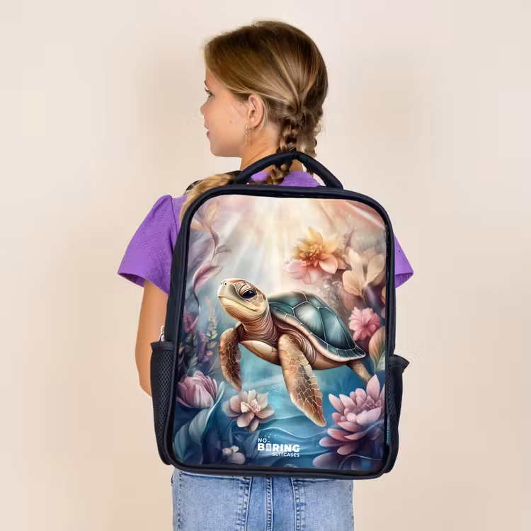 Sac à dos enfant - Noir - Tortue de mer parmi les fleurs sous-marines — 4