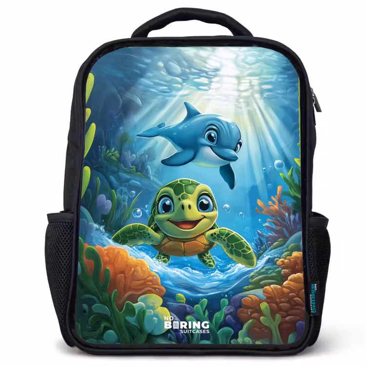 Sac à dos enfant - Noir - Tortue et dauphin dans l'océan bleu — 1