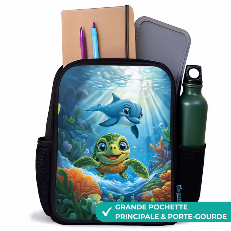 Sac à dos enfant - Noir - Tortue et dauphin dans l'océan bleu — 10
