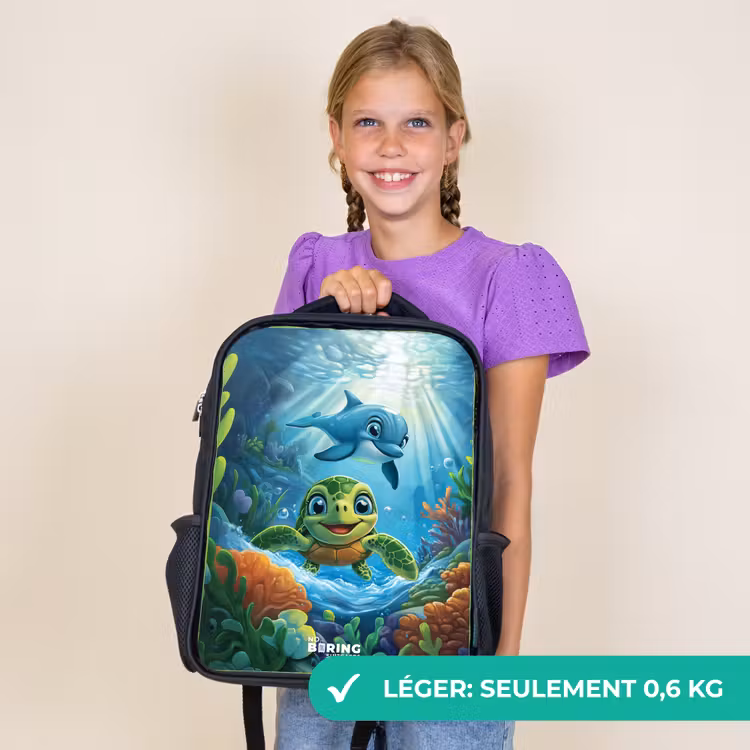 Sac à dos enfant - Noir - Tortue et dauphin dans l'océan bleu — 9