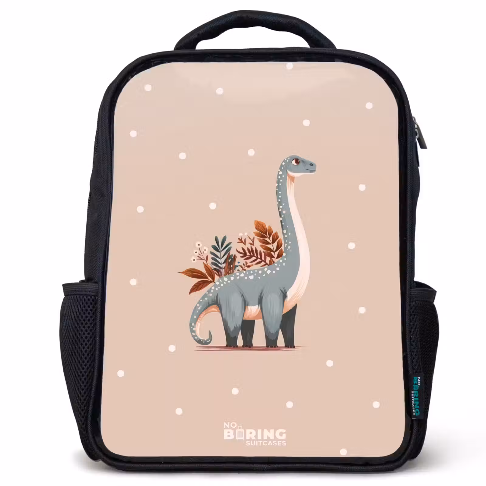 Sac à dos enfant - Noir - Dinosaure bleu sur fond beige à pois — 1