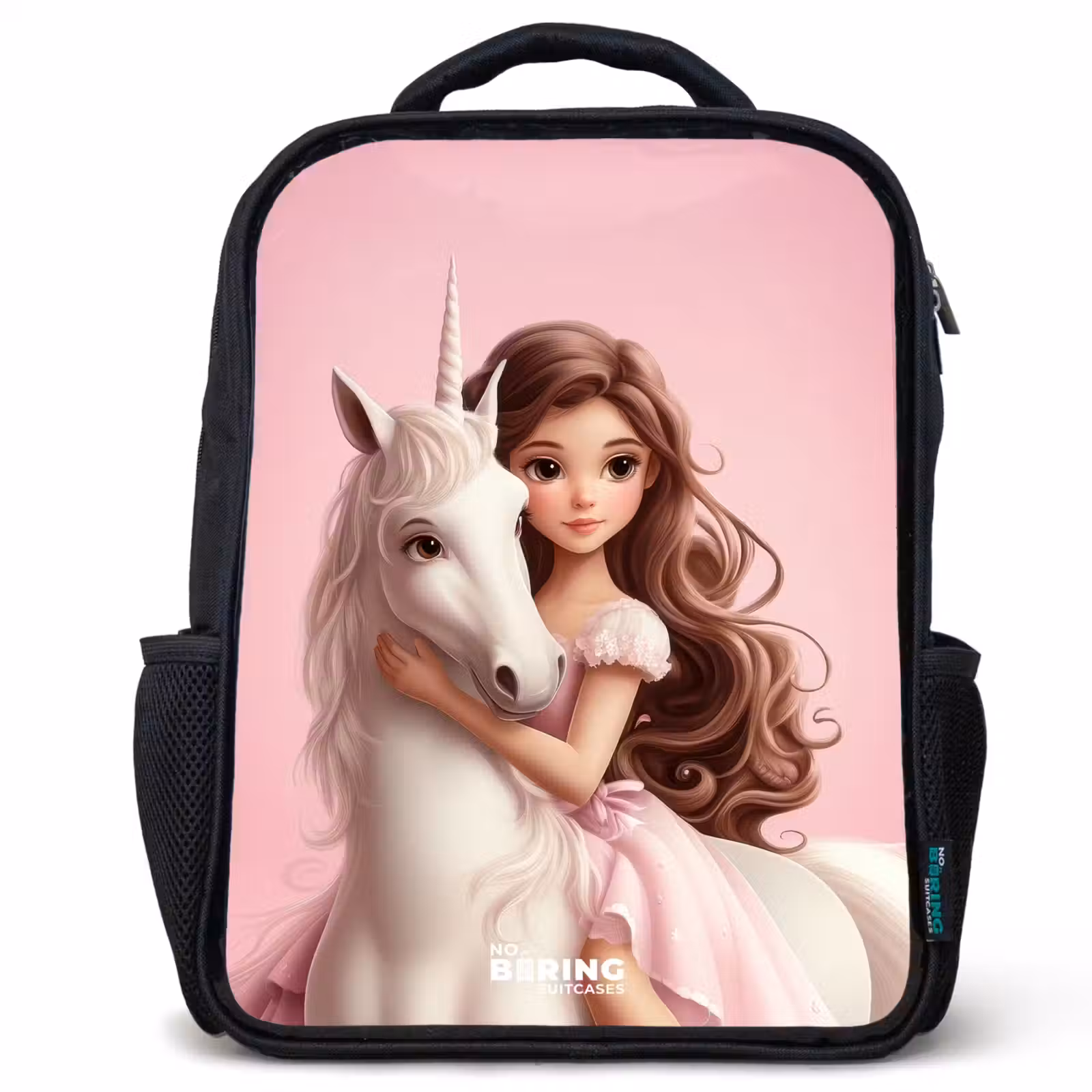 Sac à dos enfant - Noir - Fille avec licorne blanche sur fond rose — 1
