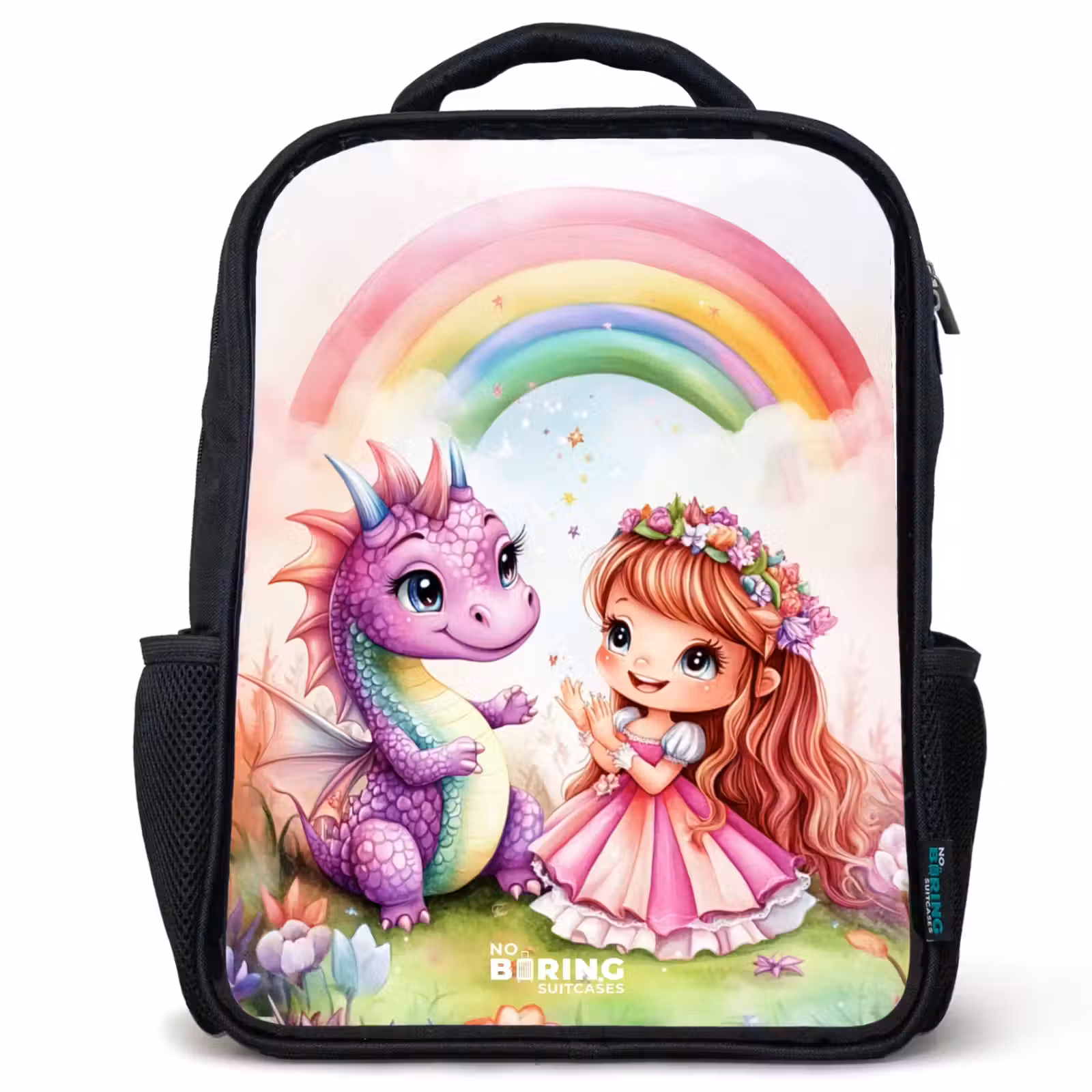 Sac à dos enfant - Noir - Fille avec un dragon violet sous un arc-en-ciel — 1