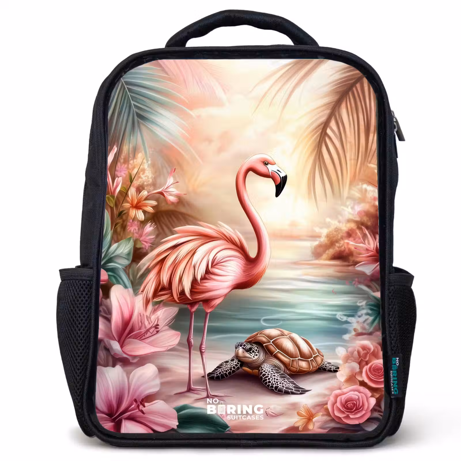 Sac à dos enfant - Noir - Flamant et tortue sur une plage rose. — 1
