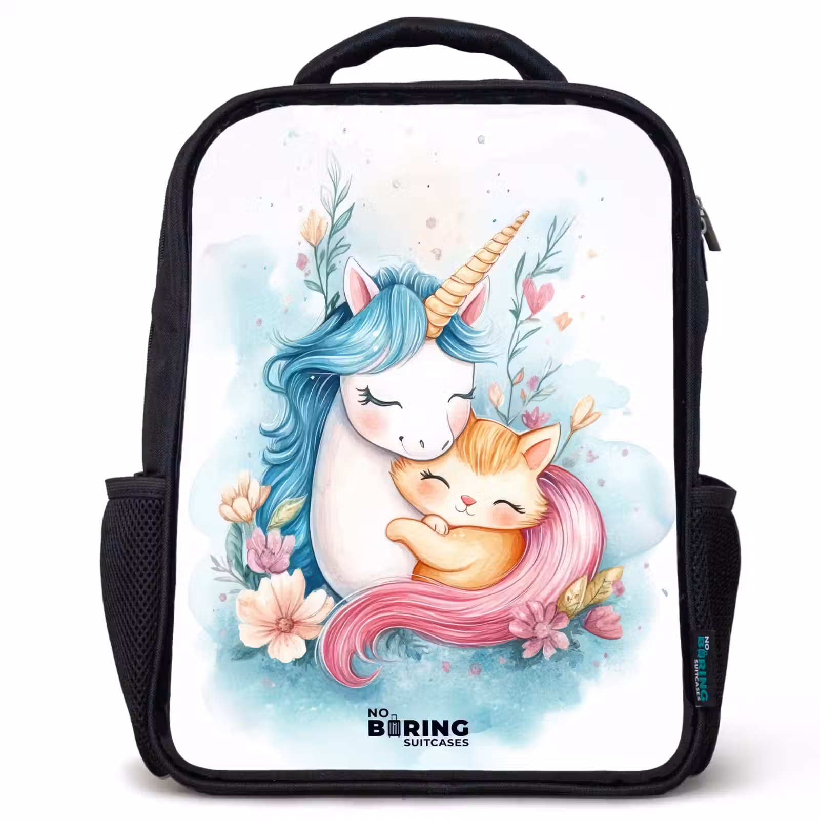 Sac à dos enfant - Noir - Licorne à la crinière bleue et chaton orange — 1