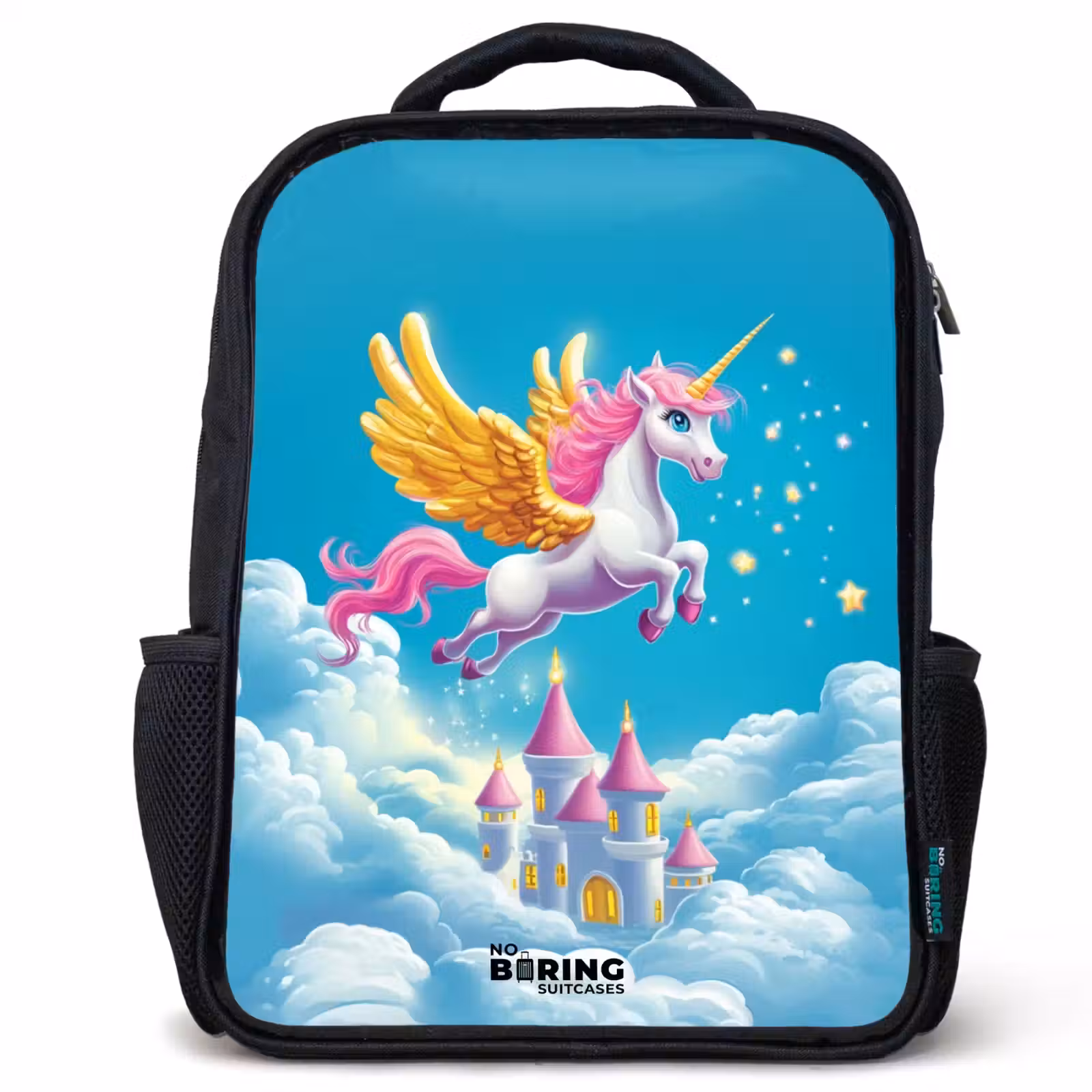 Sac à dos enfant - Noir - Licorne volante aux ailes dorées au-dessus d'un château — 1