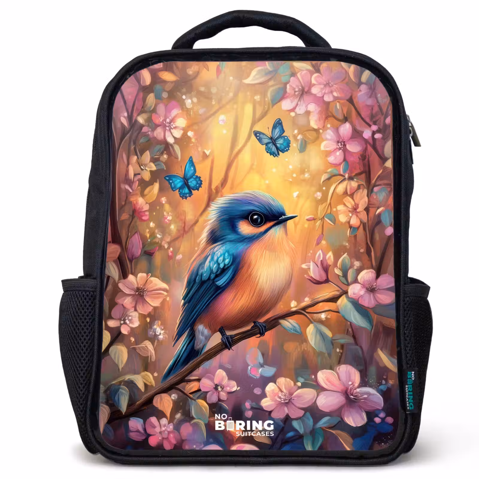 Sac à dos enfant - Noir - Oiseau avec papillons dans une forêt colorée. — 1