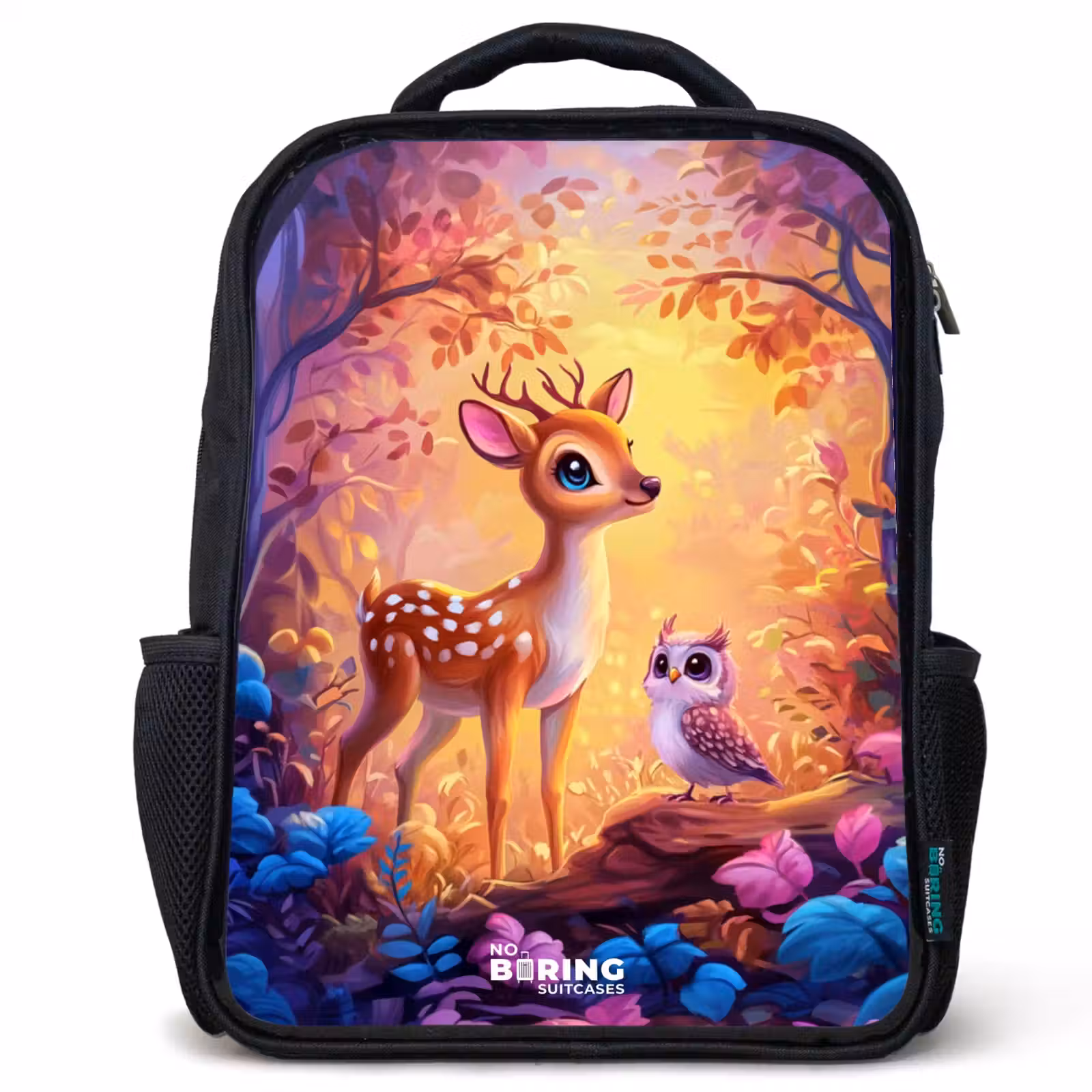 Sac à dos enfant - Noir - Petit cerf et hibou dans une forêt rose de conte de fées — 1
