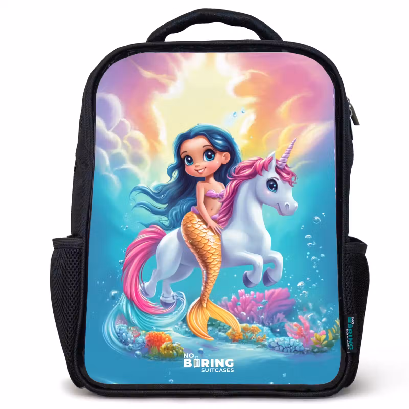 Sac à dos enfant - Noir - Sirène à queue d'or avec une licorne blanche — 1