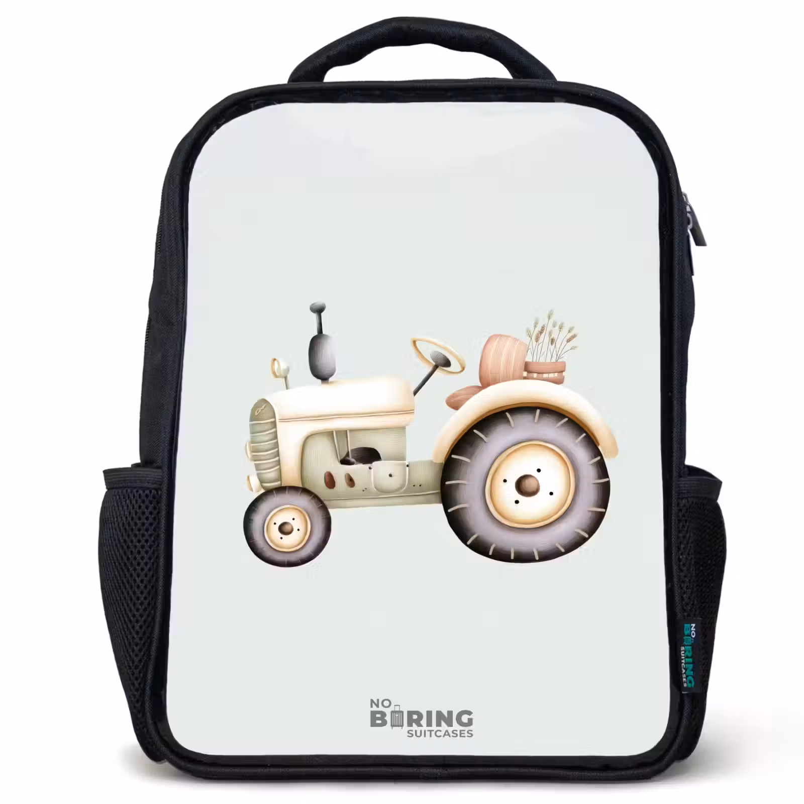 Sac à dos enfant - Noir - Tracteur vintage beige aux couleurs vertes pastel — 1
