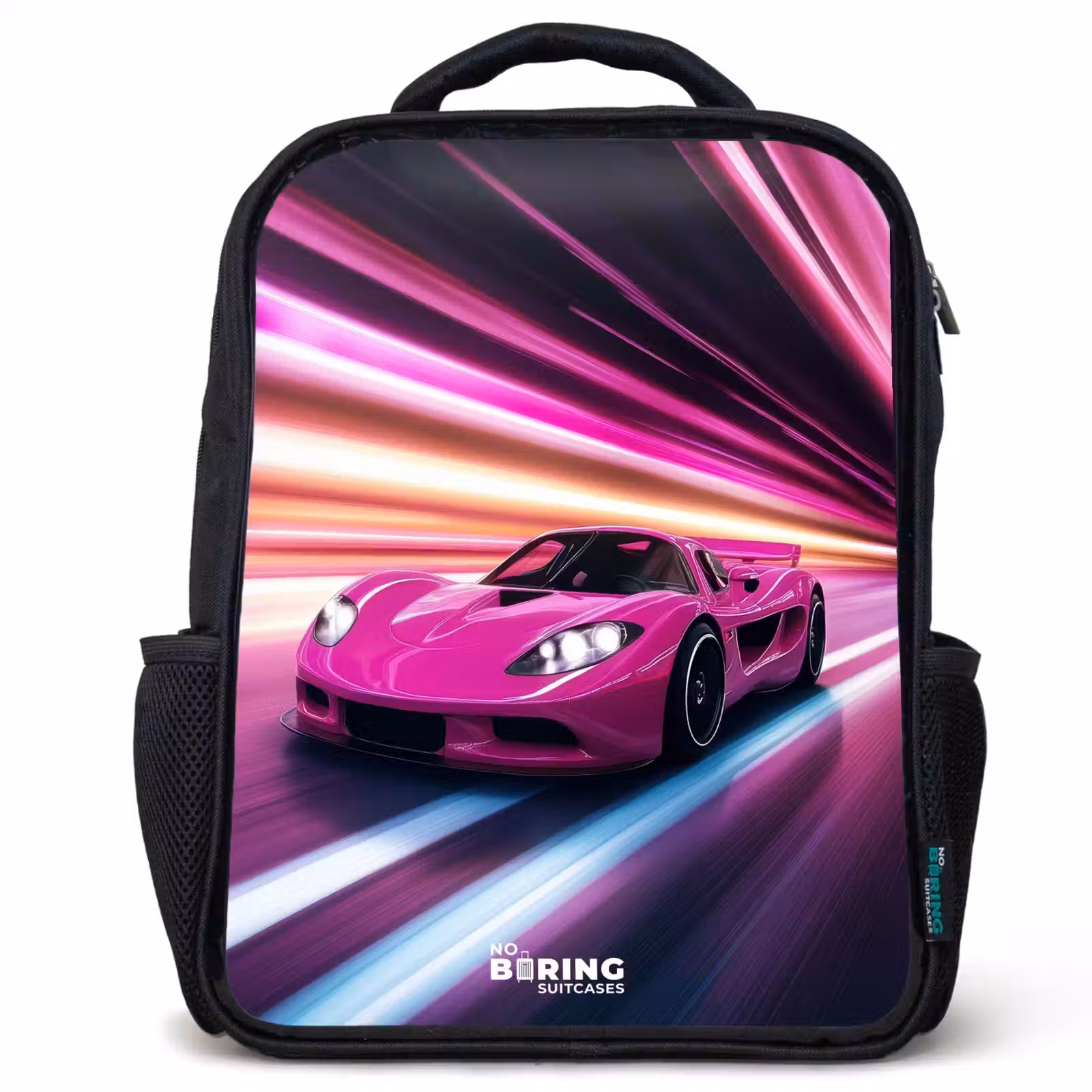 Sac à dos enfant - Noir - Une voiture de course rose brille à la lumière des néons — 1