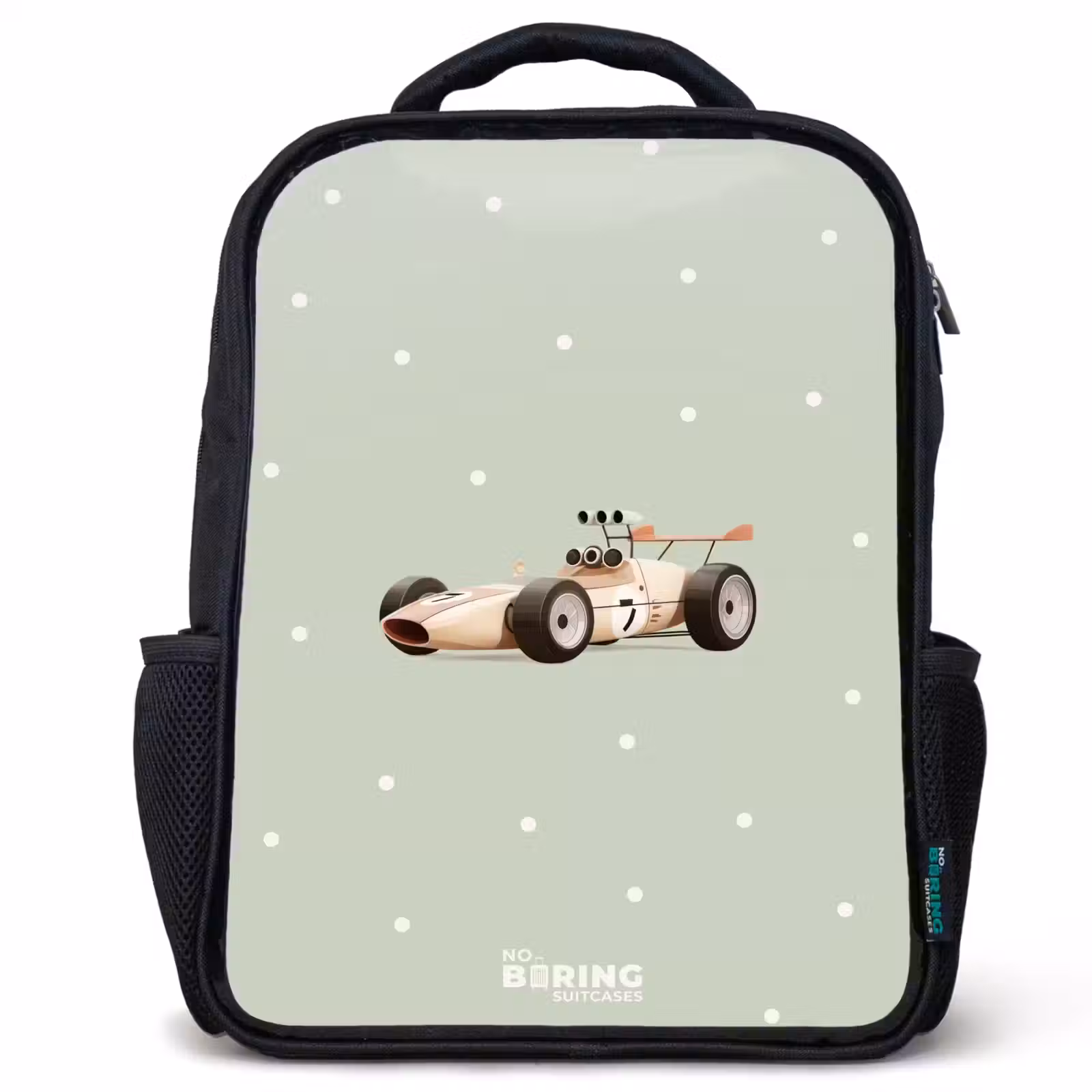 Sac à dos enfant - Noir - Voiture de course rétro beige sur fond vert à pois — 1