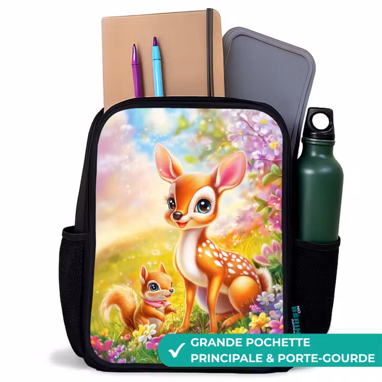 Sac à dos enfant - Noir - Cerf et écureuil dans un champ de fleurs coloré — 10