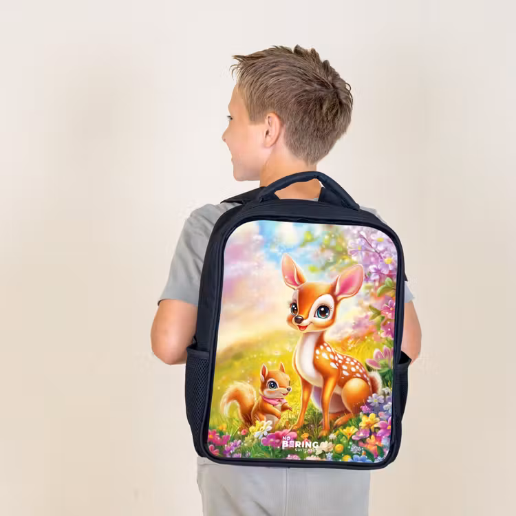 Sac à dos enfant - Noir - Cerf et écureuil dans un champ de fleurs coloré — 2