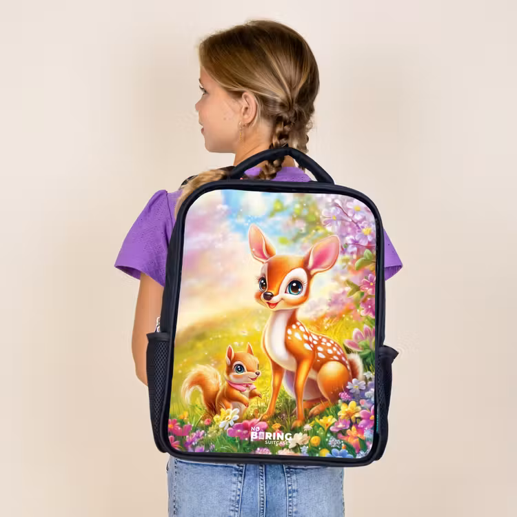 Sac à dos enfant - Noir - Cerf et écureuil dans un champ de fleurs coloré — 4