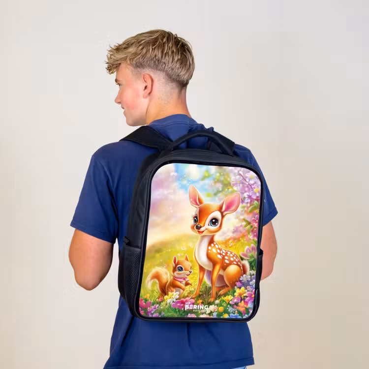 Sac à dos enfant - Noir - Cerf et écureuil dans un champ de fleurs coloré — 5